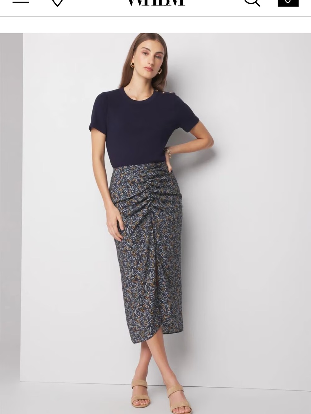 White House Black Market Drape Navy Floral Ruched Midi Skirt, Size 12